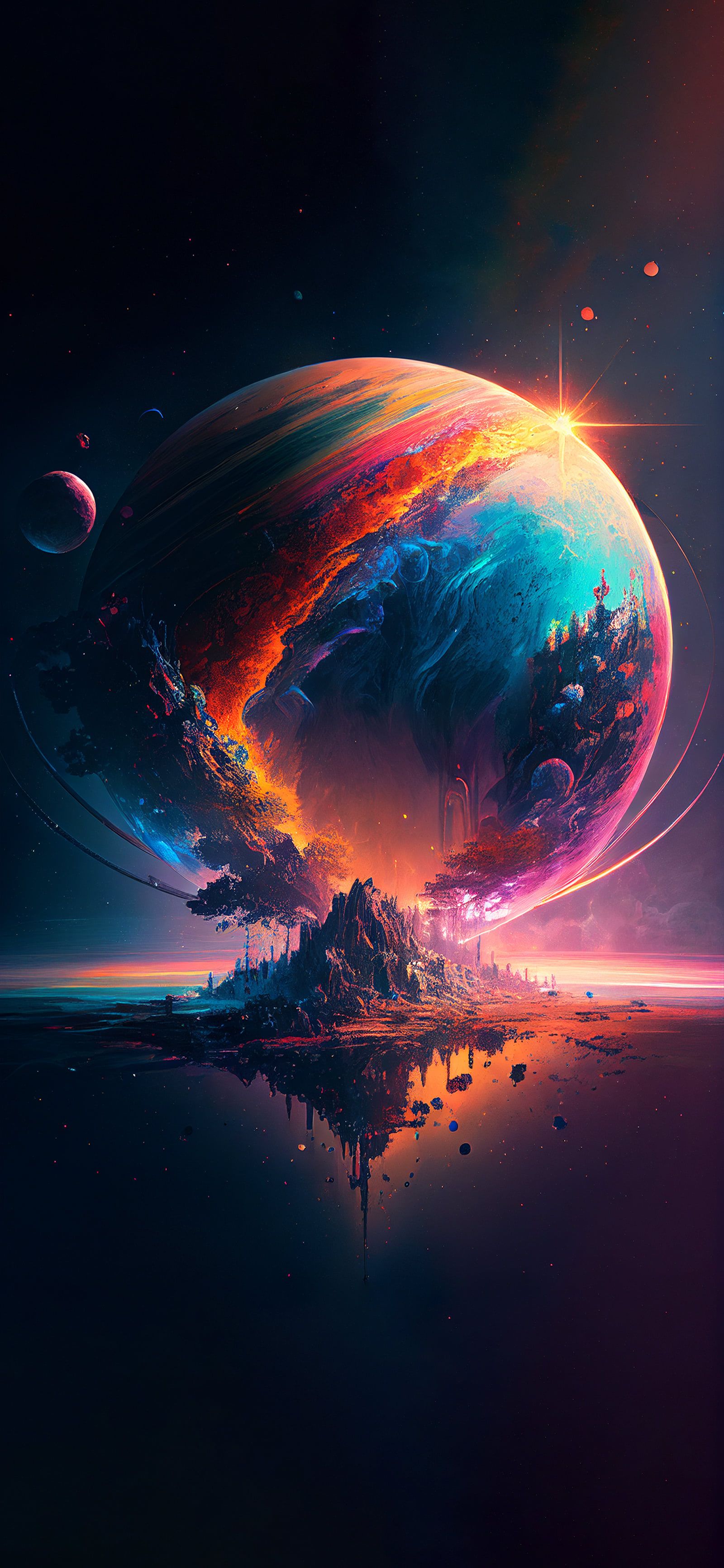 Amoled 4k wallpaper space Colorful and Astonishing planet and mountain| Amoled 4k wallpaper space Colorful and Astonishing planet and mountain reflecting on lake - wallpapers 4K - Wallpaper