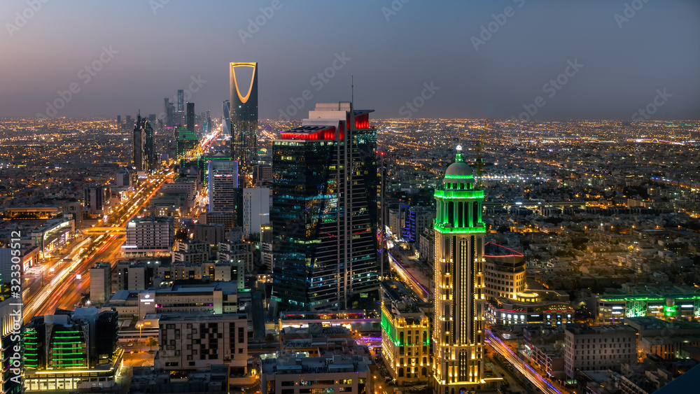 Top view of the city of Riyadh, Saudi Arabia, at night